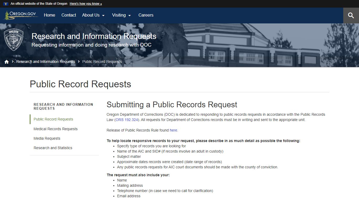 Department of Corrections : Public Record Requests - Oregon