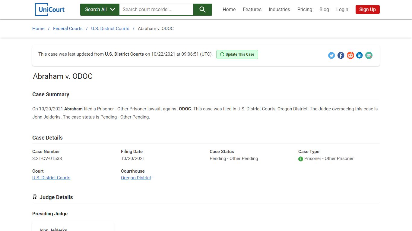 Abraham v ODOC | 3:21-CV-01533 | Court Records - UniCourt